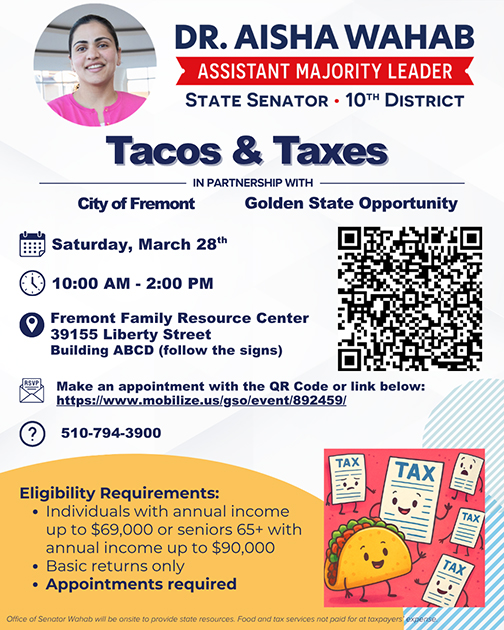 Flyer for the Tacos &amp; Taxes event
