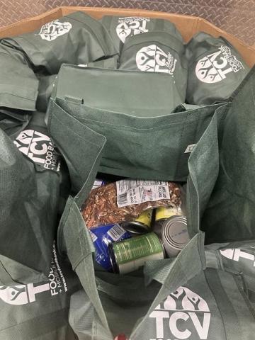 Close-up of the bags of food distributed at the turkey drive.